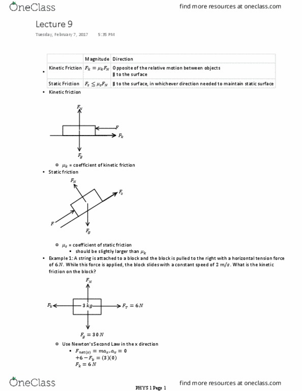 PHYS 1 Lecture Notes - Lecture 9: Friction thumbnail