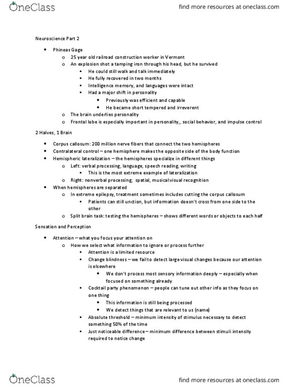 PSY 1000 Lecture Notes - Lecture 4: Phineas Gage, Frontal Lobe, Change Blindness thumbnail