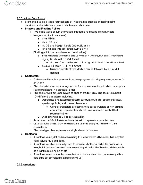 CS 151 Lecture Notes - Lecture 5: Boolean Data Type, Floating Points, Floating Point thumbnail