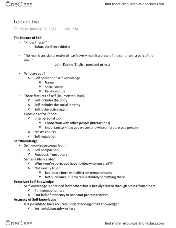 PSYC 2310 Lecture Notes - Lecture 2: Tabula Rasa, John Donne, Psychoanalysis thumbnail