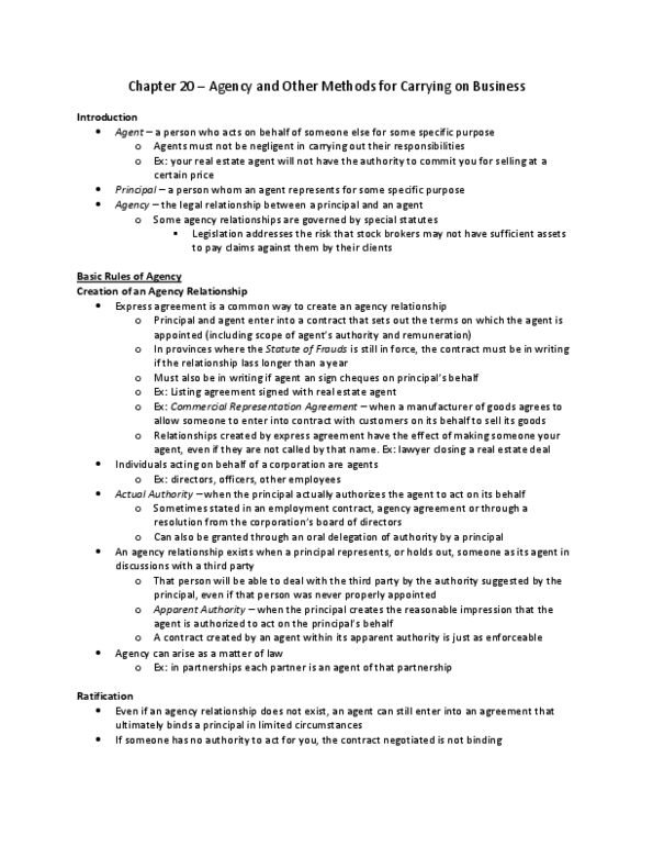 LAW 603 Chapter Notes - Chapter 20: Apparent Authority, Fiduciary thumbnail