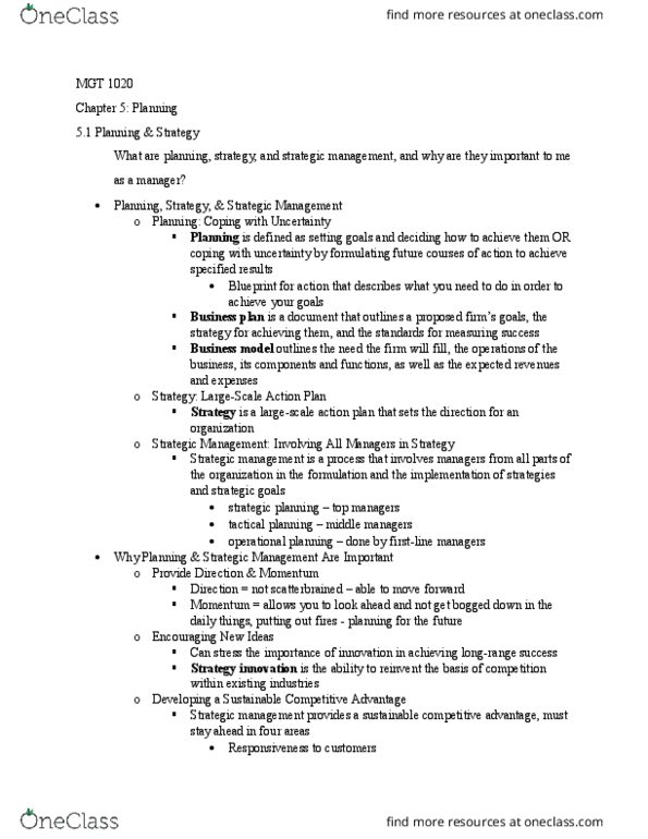 MGT-2010 Chapter Notes - Chapter 5: Vision Statement, Strategic Planning, Strategic Management thumbnail