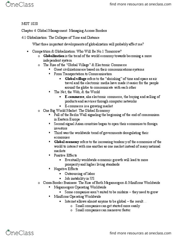 MGT-2010 Chapter Notes - Chapter 4: World Economy, Multinational Corporation, E-Commerce thumbnail