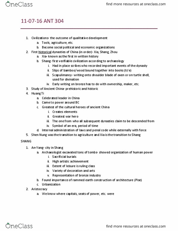 ANT 304 Lecture Notes - Lecture 18: Scapulimancy, Rammed Earth, Shennong thumbnail