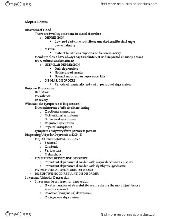 CLP 3140 Lecture Notes - Lecture 12: Major Depressive Episode, Dysthymia, Mania thumbnail