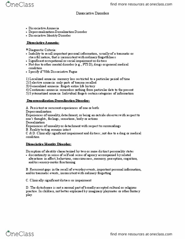 PSYC 3F20 Chapter 5: Dissociative Dirsorders - PSYC 3F20 thumbnail
