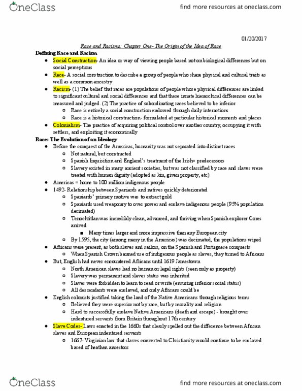 SOC 134 Chapter 1: Race and Racisms: Chapter 1- The Origin of the Idea of Race thumbnail