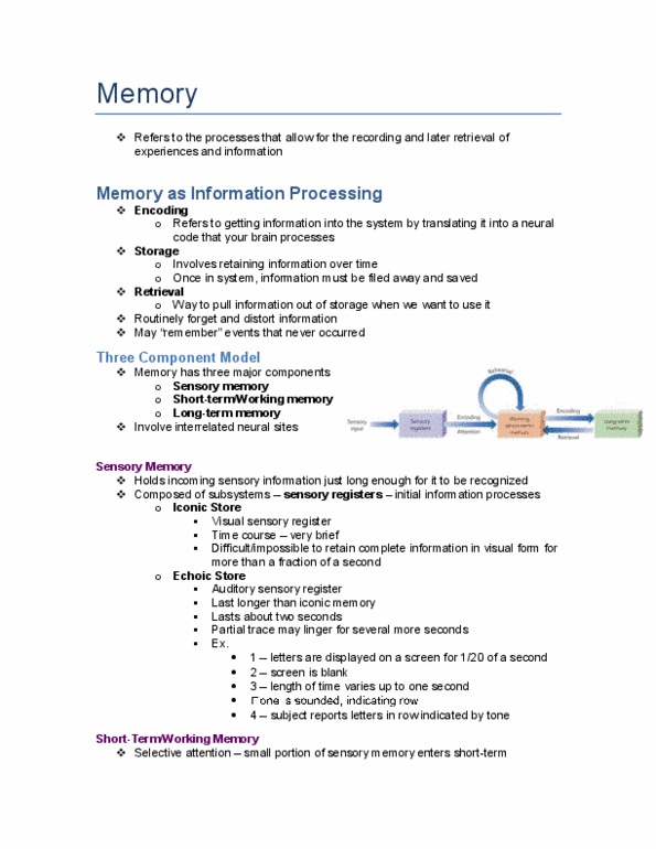 Psychology 1000 Lecture Notes - Long-Term Memory, Episodic Memory, Sensory Memory thumbnail