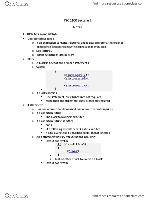 CSC 1100 Lecture Notes - Lecture 9: Kilobyte, Switch Statement thumbnail