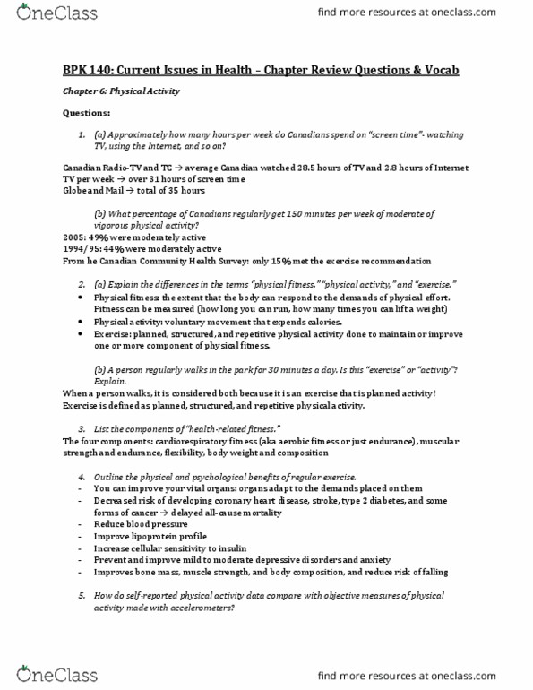 BPK 140 Chapter Notes - Chapter 6: Coronary Artery Disease, Cardiorespiratory Fitness, Tennis Elbow thumbnail