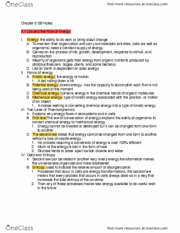 BIOL 1541L Lecture Notes - Lecture 7: Exergonic Reaction, Adenosine Diphosphate, Exergonic Process thumbnail