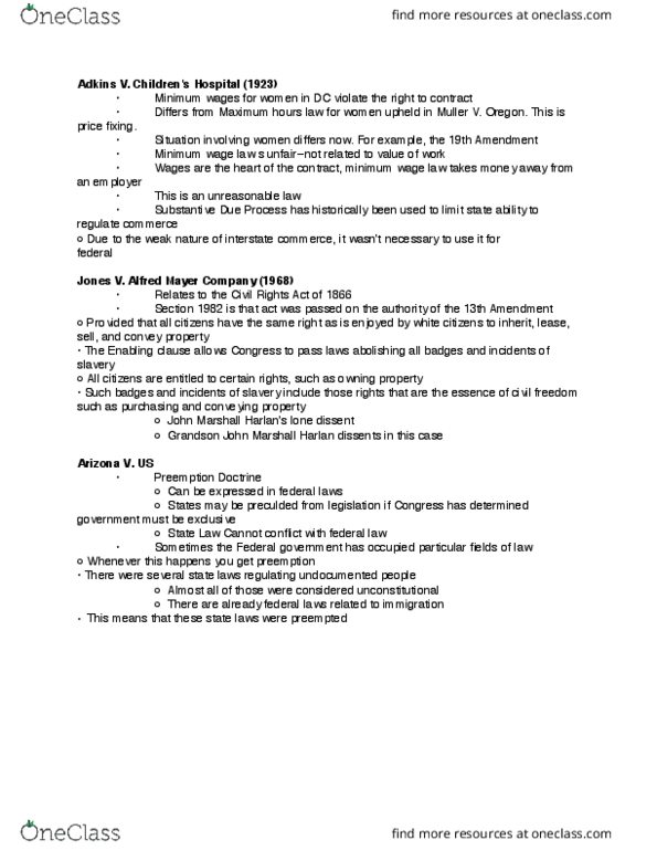 PSCI 3322 Lecture Notes - Lecture 12: Minimum Wage Law, Childrens Hospital, Slaughter-House Cases thumbnail