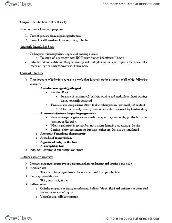 NSG 2313 Lecture Notes - Lecture 1: Infection Control, Superinfection, Bradykinin thumbnail