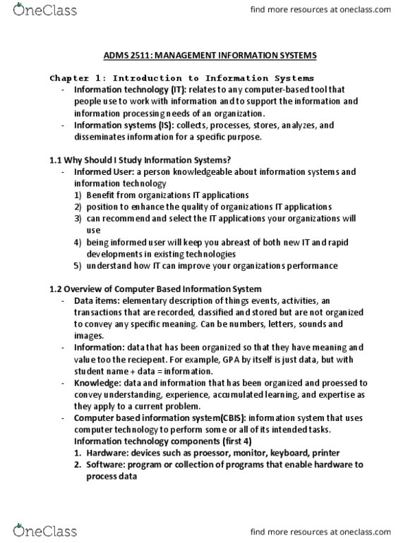 ADMS 2511 Lecture Notes - Lecture 3: Business Process Reengineering, Business Process Management, Enterprise Resource Planning thumbnail