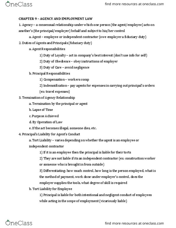 LEGL 2700 Chapter Notes - Chapter 9: Fiduciary, Independent Contractor thumbnail