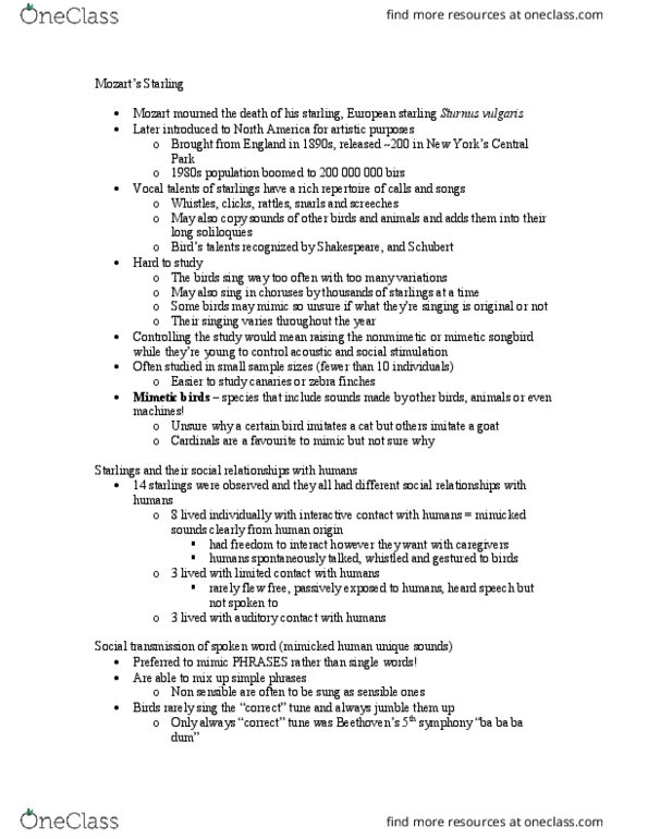 NATS 4215 Chapter Notes - Chapter Article Summary 2: Common Starling, Sturnus, African Grey Parrot thumbnail