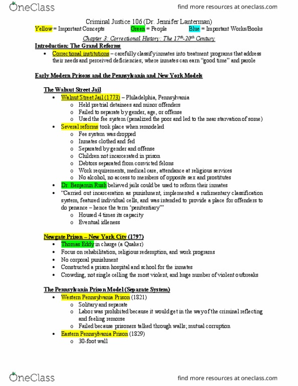 CRJ 106 Chapter Notes - Chapter 3: Walnut Street Prison, Solitary Confinement, Penal Labour thumbnail