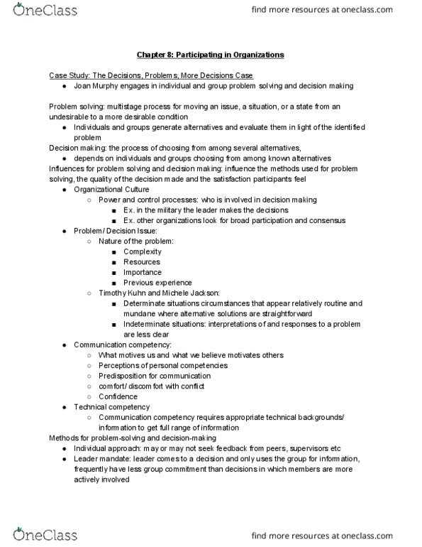 CMN 2148 Chapter Notes - Chapter 8: Organizational Culture, Role Conflict, Problem Solving thumbnail