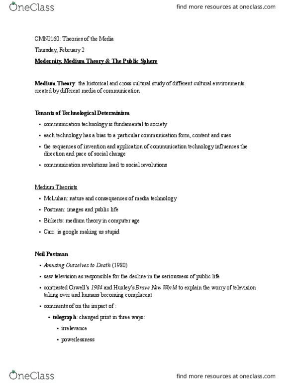 CMN2160 Lecture Notes - Lecture 4: Sven Birkerts, Neil Postman, Technological Determinism thumbnail