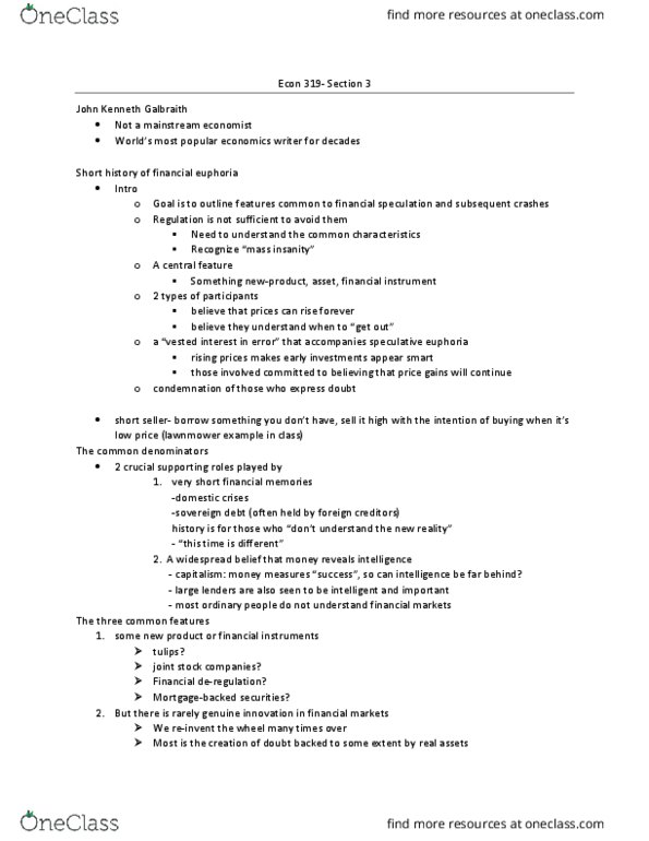 ECON 319 Lecture Notes - Lecture 3: South Sea Company, John Kenneth Galbraith, Bank Of France thumbnail