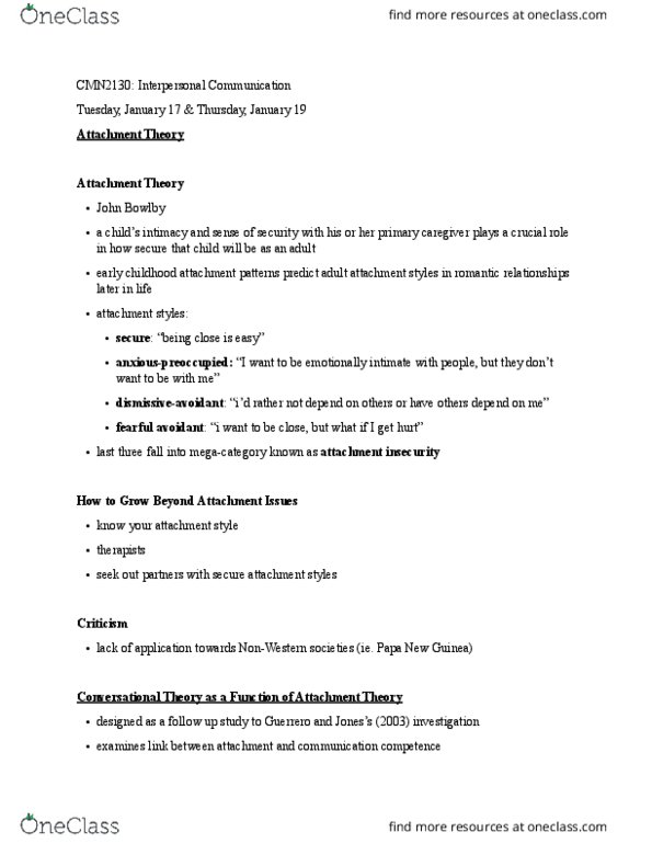 CMN 2130 Lecture Notes - Lecture 2: John Bowlby, Attachment Theory, Attachment In Adults thumbnail