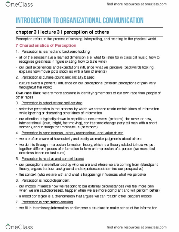 CMN 1148 Lecture Notes - Lecture 3: Impression Formation, Selective Perception, Fundamental Attribution Error thumbnail