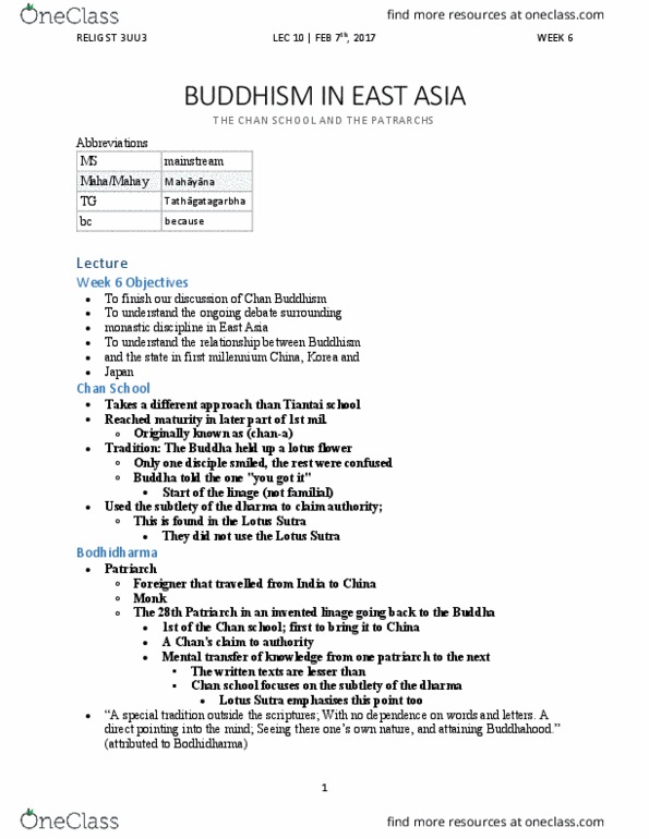 RELIGST 3UU3 Lecture Notes - Lecture 10: Lotus Sutra, Bodhi Tree, Bodhidharma thumbnail