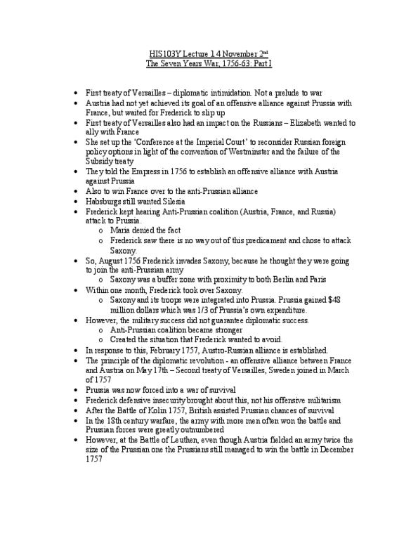 HIS103Y1 Lecture Notes - Lecture 14: Diplomatic Revolution, Oblique Order thumbnail