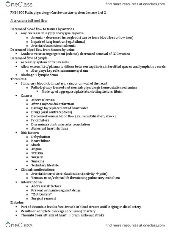 PHS 1200 Lecture Notes - Lecture 5: Coronary Artery Disease, Deep Vein Thrombosis, Chronic Venous Insufficiency thumbnail