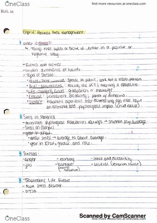 HEAL 110 Lecture 4: HEAL 110 chpt. 4 notes- Personal Stress Management thumbnail