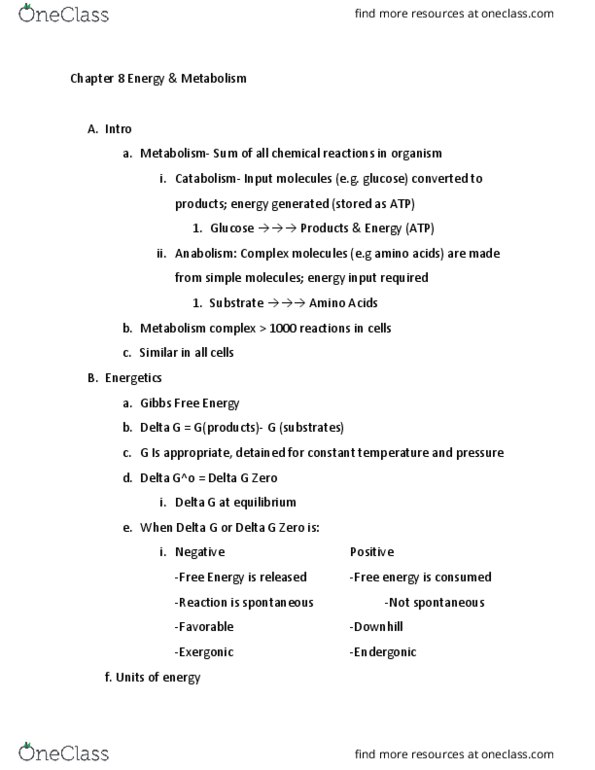 CAS BI 108 Lecture Notes - Lecture 8: Exergonic Process, Anabolism, Catabolism thumbnail