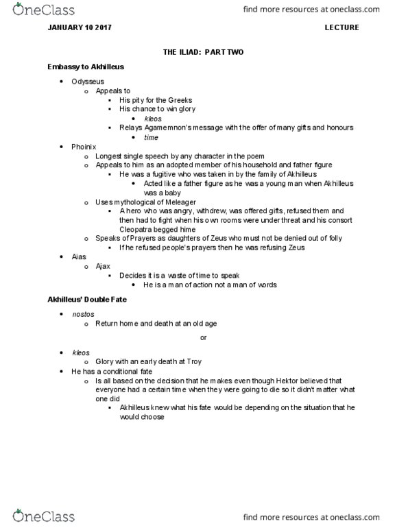 Classical Studies 2200 Lecture Notes - Lecture 13: Hector, Aristeia, Sarpedon thumbnail