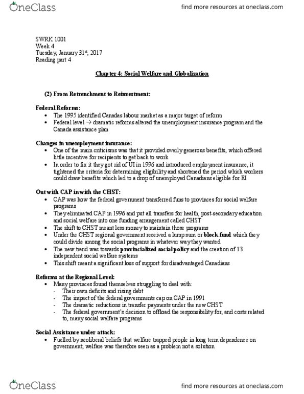 SWRK 1001H Chapter Notes - Chapter 4: Unemployment Benefits, Neoliberalism thumbnail