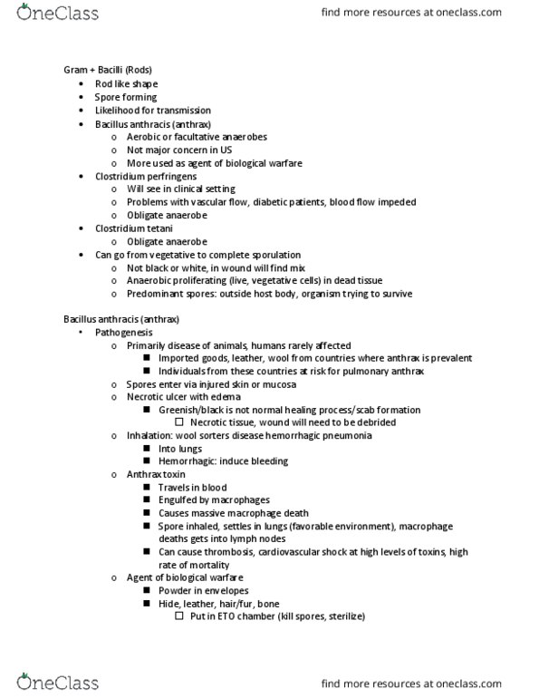 NURS 3110 Lecture Notes - Lecture 9: Anthrax Toxin, Facultative Anaerobic Organism, Gas Gangrene thumbnail