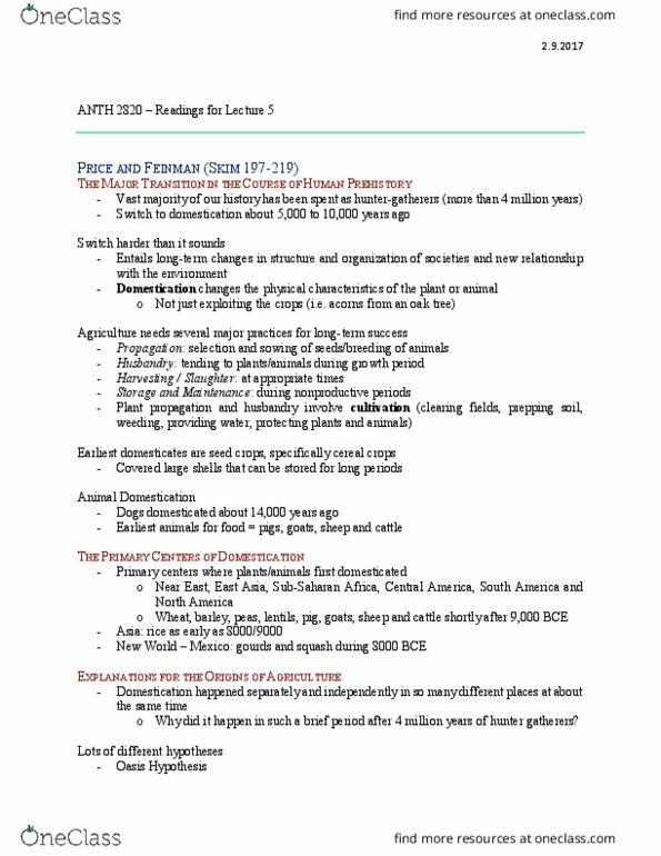 ANTH 2820 Chapter Notes - Chapter Lecture 5: Plant Propagation, Sub-Saharan Africa, Pleistocene thumbnail