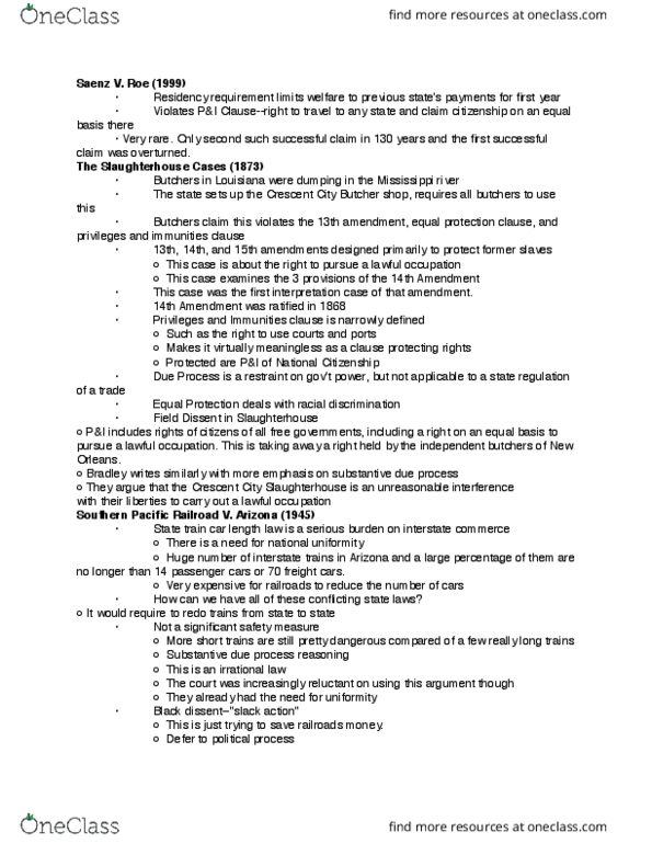 PSCI 3322 Lecture Notes - Lecture 6: Equal Protection Clause, Fourteenth Amendment To The United States Constitution, Slaughter-House Cases thumbnail