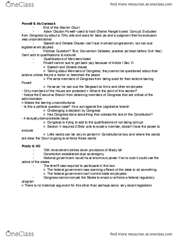 PSCI 3322 Lecture Notes - Lecture 8: Tenth Amendment To The United States Constitution, Political Question, War Powers Resolution thumbnail