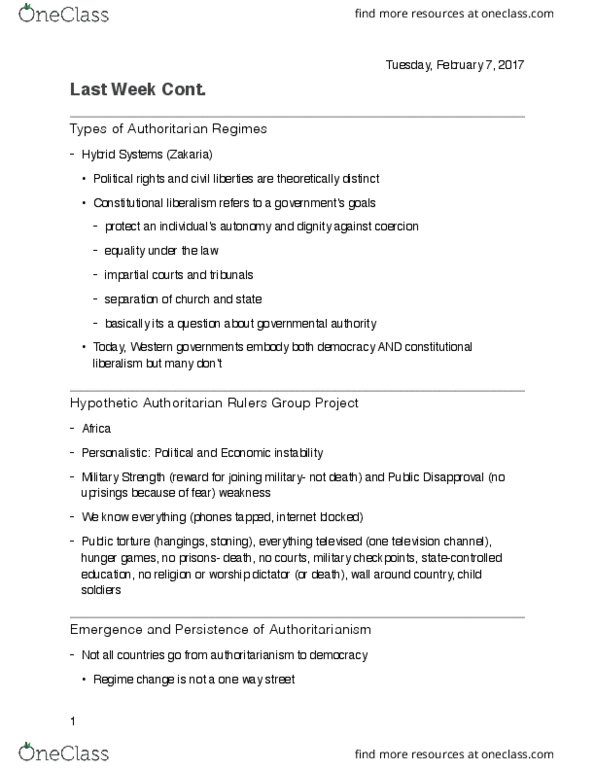 INTL 3300 Lecture Notes - Lecture 5: Constitutional Liberalism, Authoritarianism, Parliamentary Sovereignty thumbnail