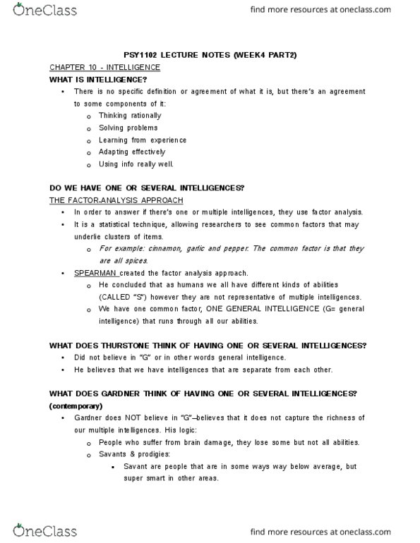 PSY 1102 Lecture Notes - Lecture 7: Theory Of Multiple Intelligences, Factor Analysis, Content Validity thumbnail