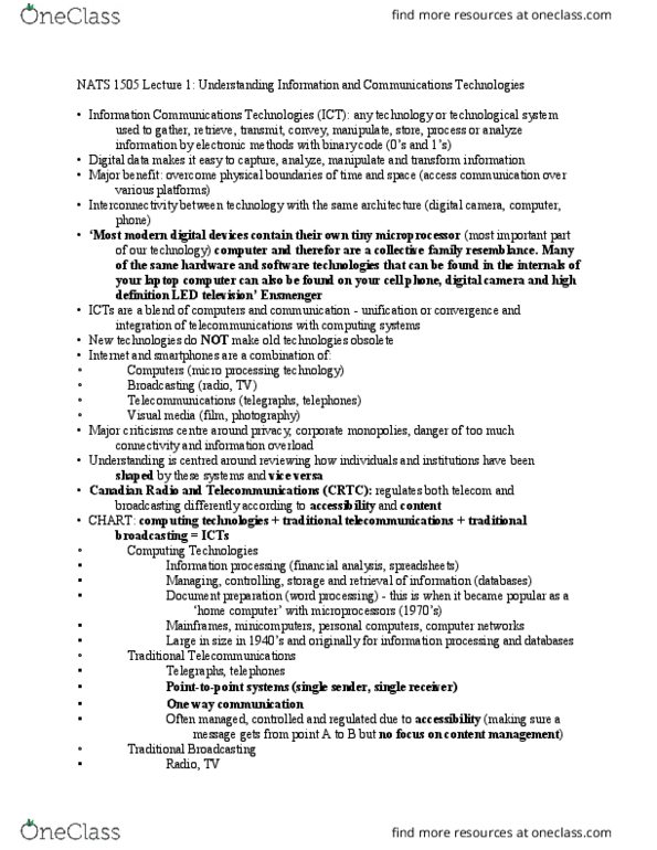 NATS 1505 Lecture Notes - Lecture 1: Digital Data, Word Processor, Information Processing thumbnail