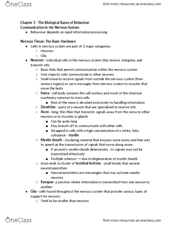 PSYCH 111 Chapter Notes - Chapter 3: Myelin, Synaptic Pruning, Postsynaptic Potential thumbnail