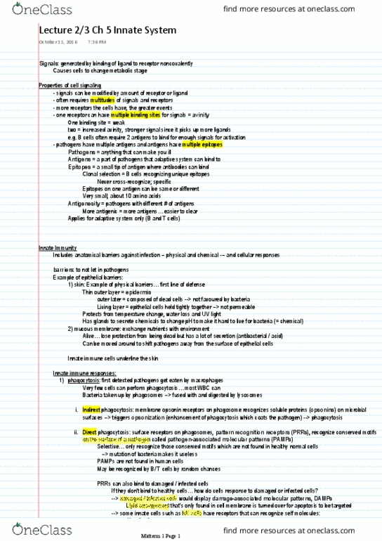 BIOL 3120 Lecture Notes - Lecture 2: Pattern Recognition Receptor, Innate Immune System, Adaptive Immune System thumbnail