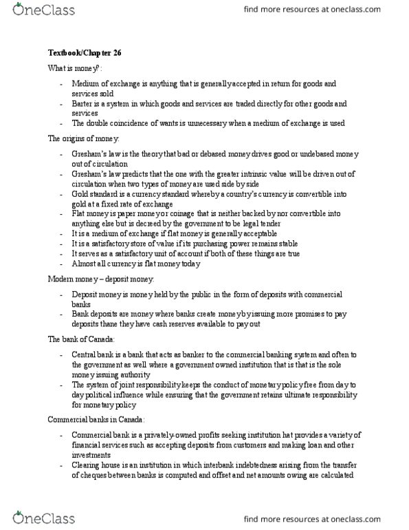 EC140 Chapter Notes - Chapter 26: Commercial Bank, Reserve Requirement, Excess Reserves thumbnail