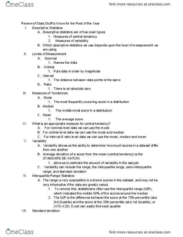 PSYC 300 Lecture Notes - Lecture 3: Descriptive Statistics, Central Tendency, Interquartile Range thumbnail