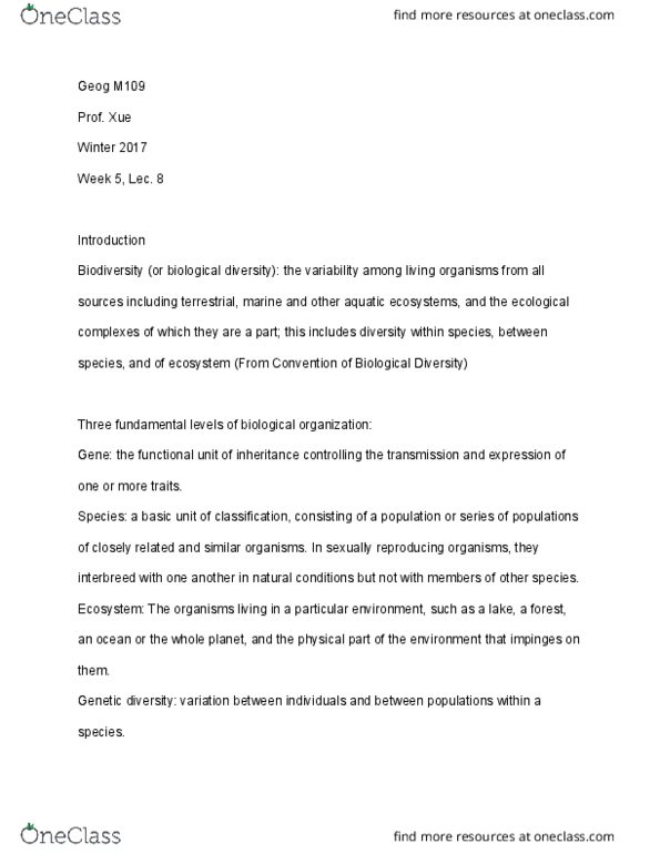 GEOG M109 Lecture Notes - Lecture 8: Ecosystem Diversity, Genetic Diversity, Habitat Destruction thumbnail