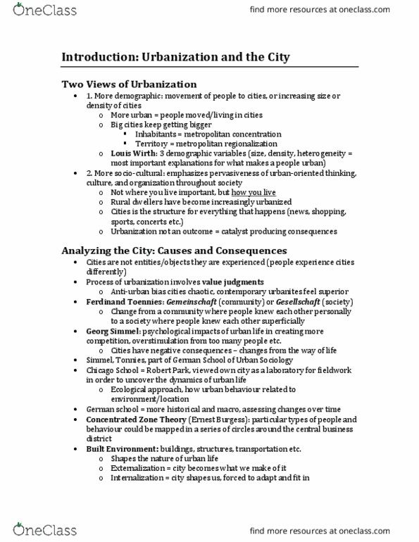 Sociology 2152A/B Chapter Notes - Chapter Intro: Ernest Burgess, Louis Wirth, Urban Sociology thumbnail