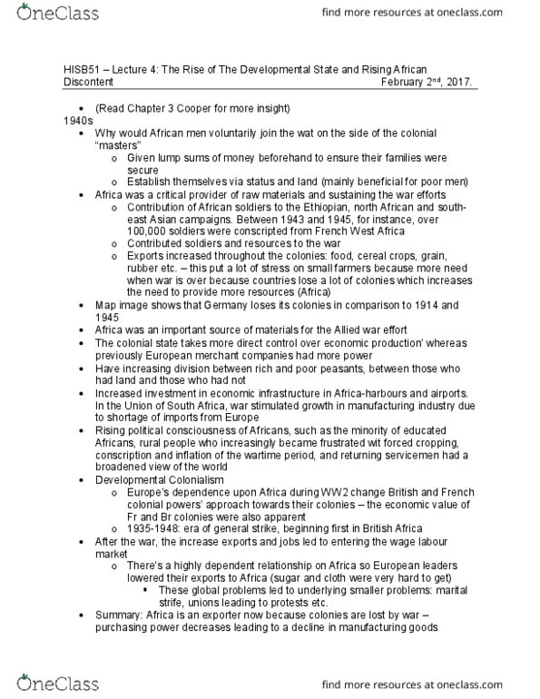 HISB51H3 Lecture Notes - Lecture 4: Wage Labour, Pass Laws, Indirect Rule thumbnail