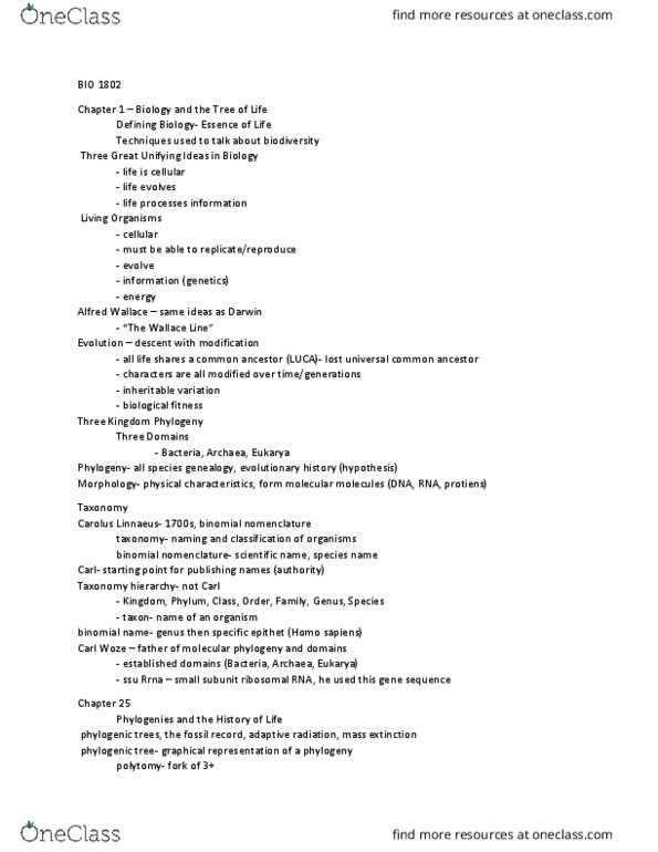 BIO-1802 Lecture Notes - Lecture 1: Carl Linnaeus, Molecular Phylogenetics, Eukaryote thumbnail