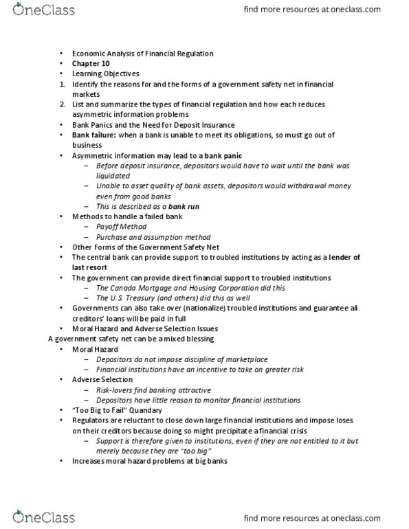 ECON 3430 Lecture Notes - Lecture 10: Canada Deposit Insurance Corporation, Financial Regulation, Arbitrage thumbnail