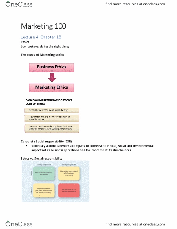 MKT 100 Lecture Notes - Lecture 4: Corporate Social Responsibility, Marketing Ethics, Consumerism thumbnail